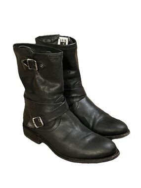 Frye Jayden Cross Engineer Moto Boots Womens Size 7.5 Black Leather Buckle Strap